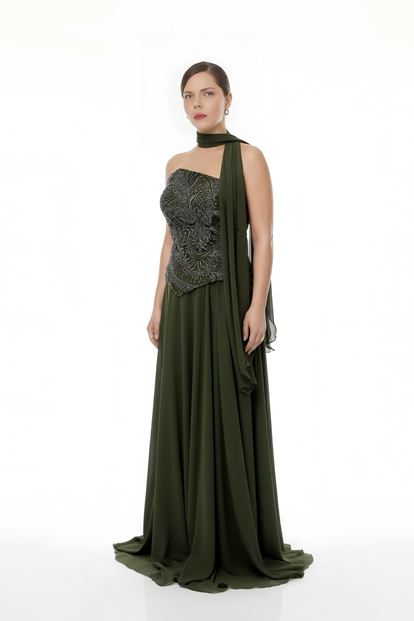 فستان سهرة من الشيفون بدون حمالات، بلون الكاكي، مزين باللؤلؤ، بمقاسات كبيرة