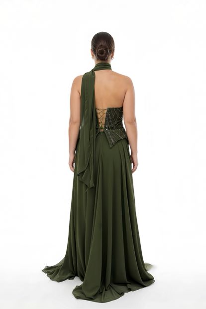 فستان سهرة من الشيفون بدون حمالات، بلون الكاكي، مزين باللؤلؤ، بمقاسات كبيرة