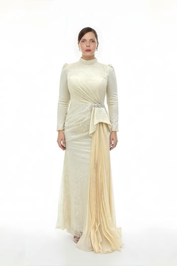 Gold Pleated Detail Lace Plus Size Evening Dress