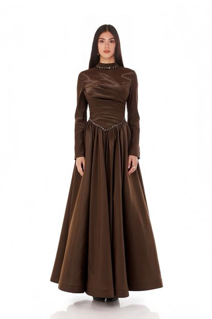 Brown Mandarin Collar Embellished Satin Evening Dress