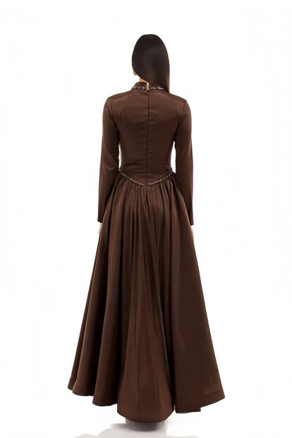 Brown Mandarin Collar Embellished Satin Evening Dress