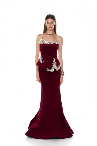 Bordo Asimetrik Peplum Tasarım Abiye Elbise