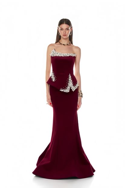 Bordo Asimetrik Peplum Tasarım Abiye Elbise