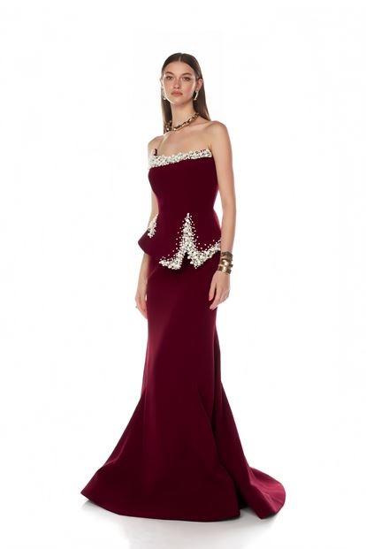 Bordo Asimetrik Peplum Tasarım Abiye Elbise