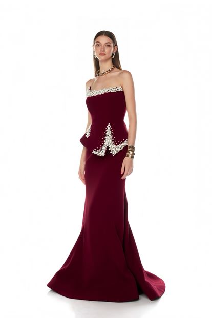 Bordo Asimetrik Peplum Tasarım Abiye Elbise