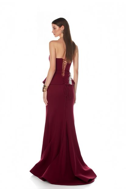 Bordo Asimetrik Peplum Tasarım Abiye Elbise