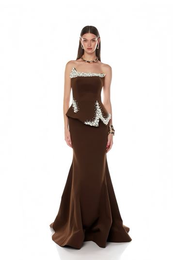 Brown Asymmetrical Peplum Design Evening Dress