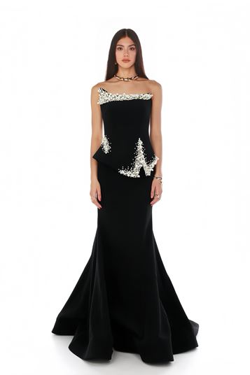 Black Asymmetrical Peplum Design Evening Dress