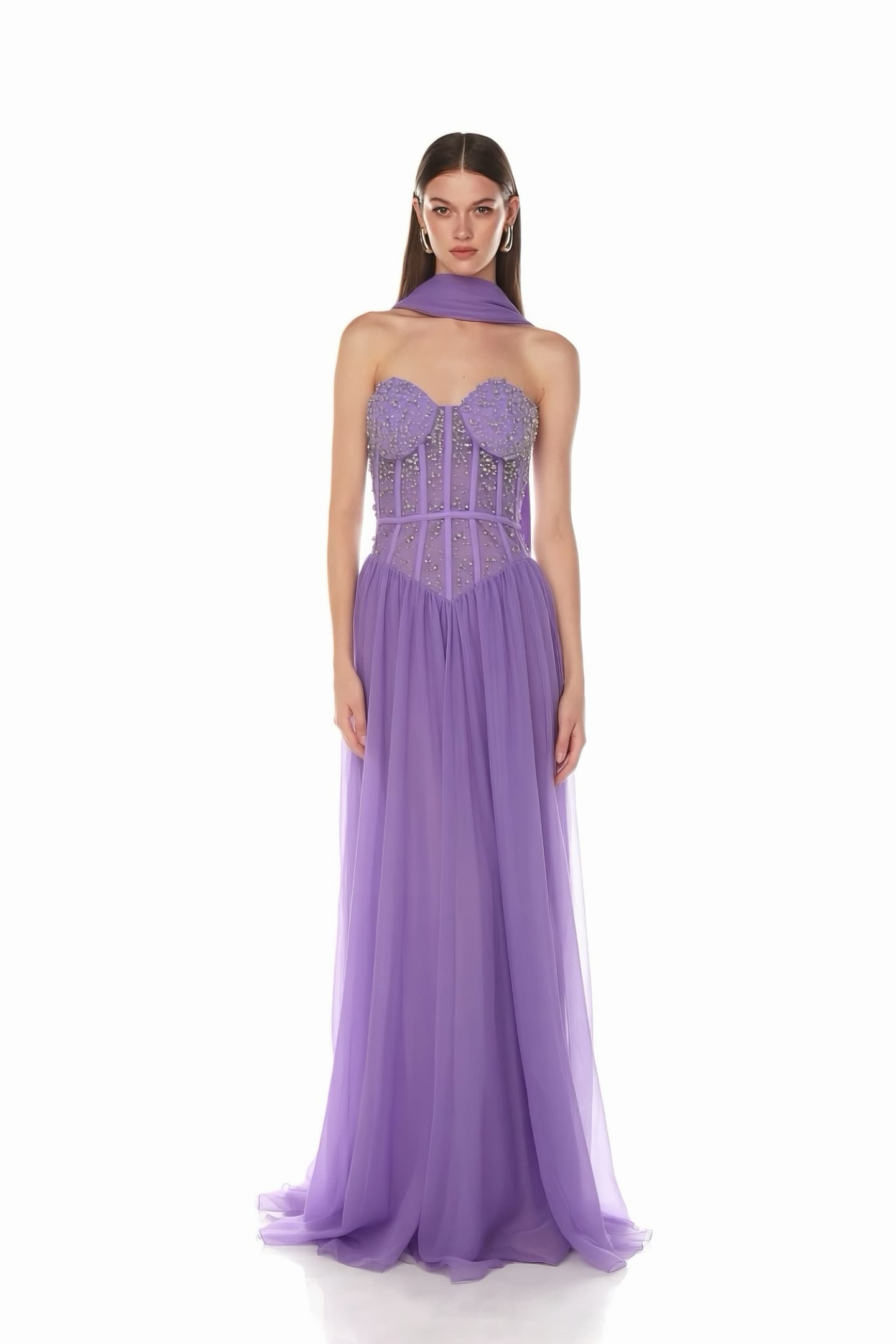Lilac Flowy Strapless Evening Dress