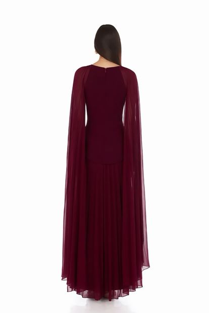 Bordo Pelerin Detaylı Pileli Abiye Elbise