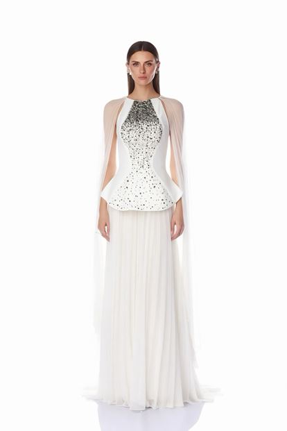 Bone Cape Detail Pleated Evening Dress