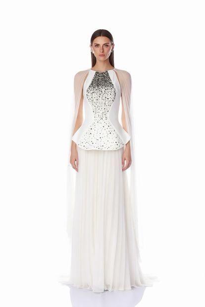 Bone Cape Detail Pleated Evening Dress