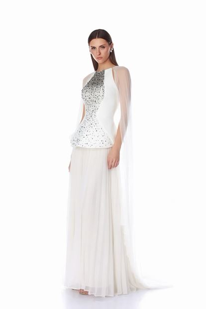 Bone Cape Detail Pleated Evening Dress