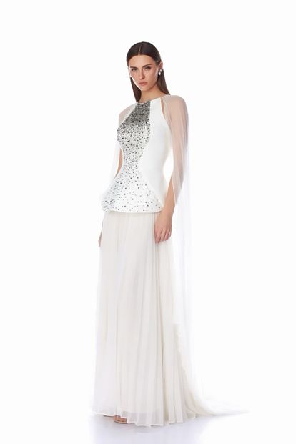 Bone Cape Detail Pleated Evening Dress