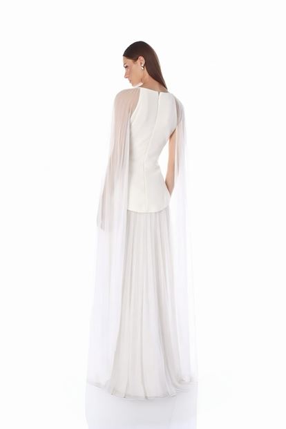 Bone Cape Detail Pleated Evening Dress