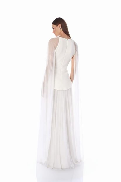 Bone Cape Detail Pleated Evening Dress