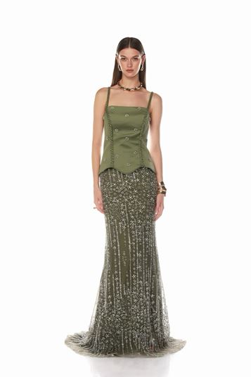 فستان سهرة كاكي محبوك بحمالات