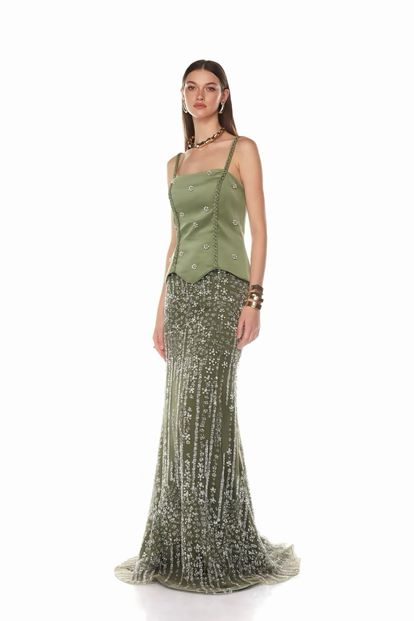 Haki Örgü Askılı Abiye Elbise