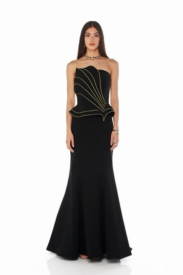 Schwarzes Abendkleid mit Schößchen und goldenen Streifen