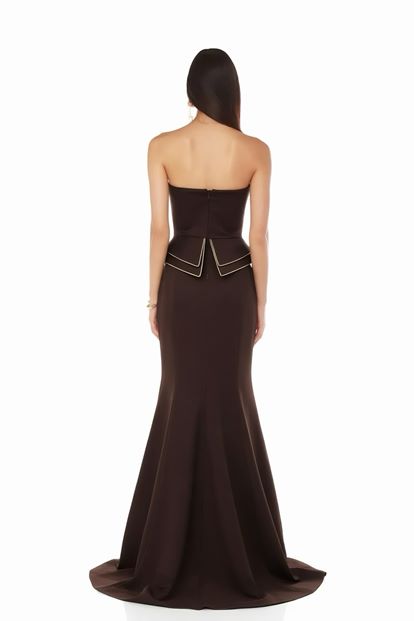 Kahverengi Gold Şeritli Peplum Abiye Elbise