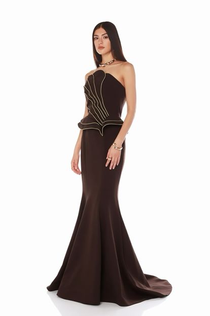 Kahverengi Gold Şeritli Peplum Abiye Elbise