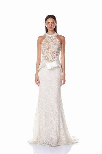 فستان سهرة من الدانتيل بياقة هالتر بلون العظم