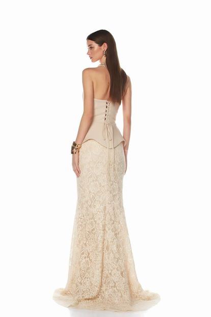 Bej Halter Yaka Dantelli Abiye