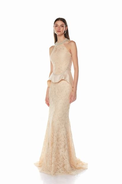 Bej Halter Yaka Dantelli Abiye
