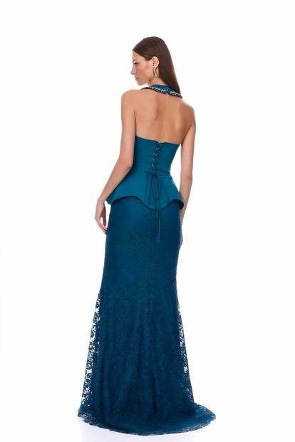 Petrol Halter Yaka Dantelli Abiye