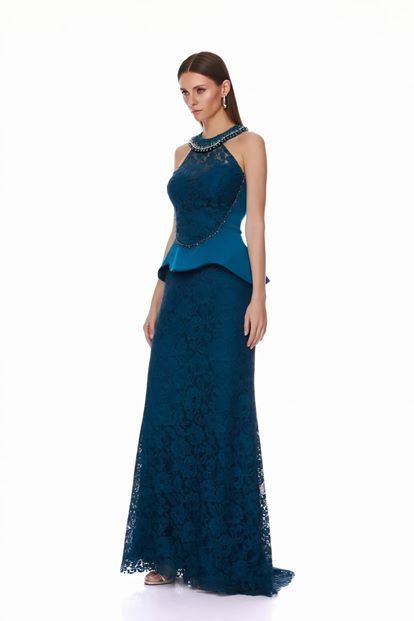 Petrol Halter Yaka Dantelli Abiye