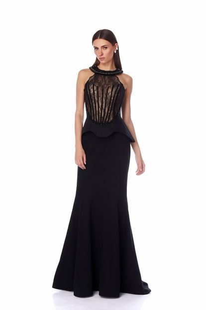 Siyah Dantel Büstiyerli Abiye Elbise