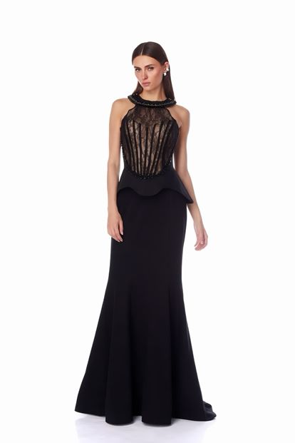 Siyah Dantel Büstiyerli Abiye Elbise