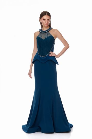 Vestido de noche bustier de encaje color petróleo