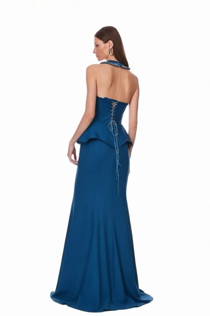 Petrol Dantel Büstiyerli Abiye Elbise