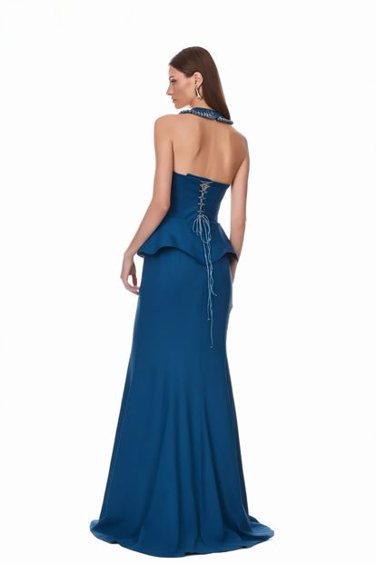 Petrol Dantel Büstiyerli Abiye Elbise