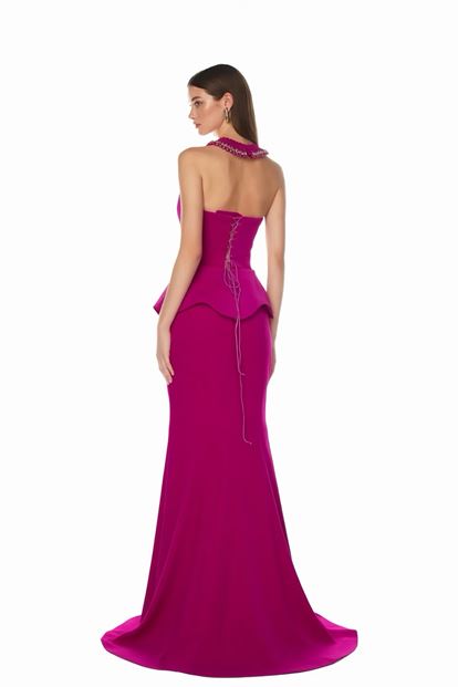 Fuşya Dantel Büstiyerli Abiye Elbise