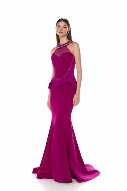 Fuşya Dantel Büstiyerli Abiye Elbise