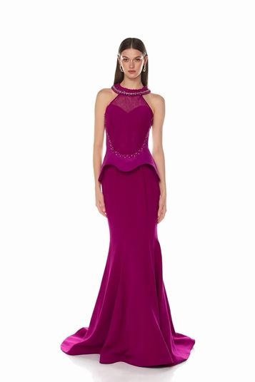 Vestido de noche tipo bustier de encaje fucsia