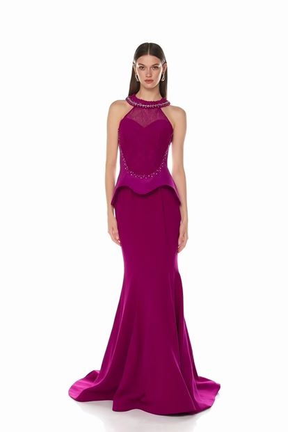 Fuşya Dantel Büstiyerli Abiye Elbise