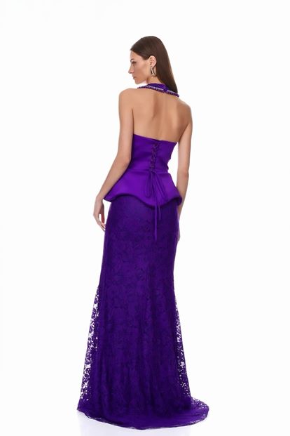 Purple Halter Neck Lace Evening Dress