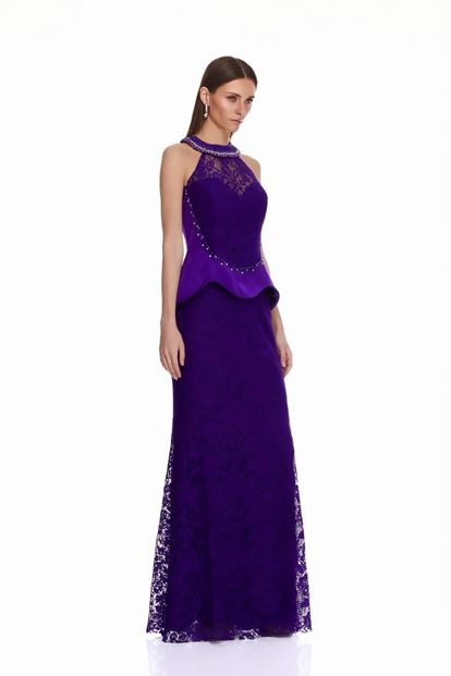 Purple Halter Neck Lace Evening Dress