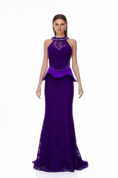 Purple Halter Neck Lace Evening Dress