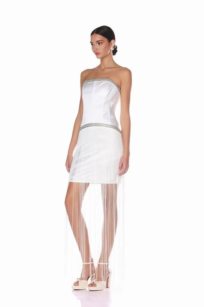 Kemik Uzun Püsküllü Straplez Abiye Elbise