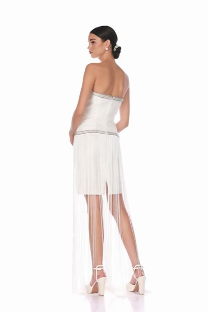 Kemik Uzun Püsküllü Straplez Abiye Elbise