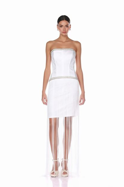 Kemik Uzun Püsküllü Straplez Abiye Elbise