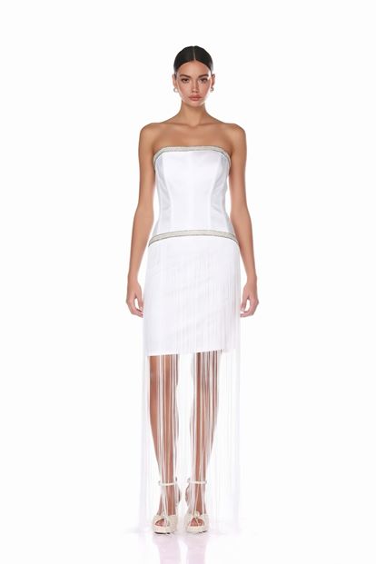 Kemik Uzun Püsküllü Straplez Abiye Elbise