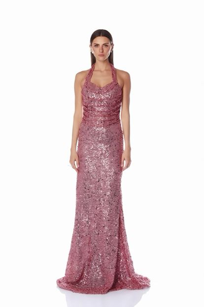 Gül Kurusu Halter Yaka Işıltılı Uzun Abiye  Elbise