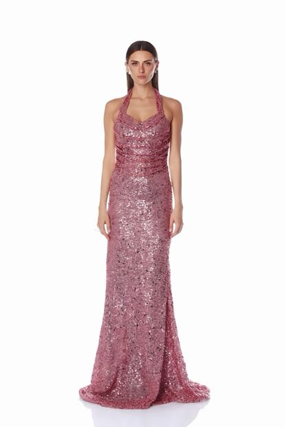 Gül Kurusu Halter Yaka Işıltılı Uzun Abiye  Elbise