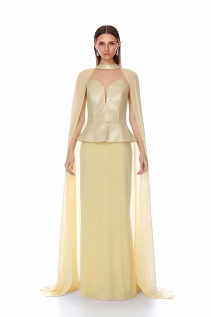 Sarı Pelerinli ve Taşlı  Abiye Elbise