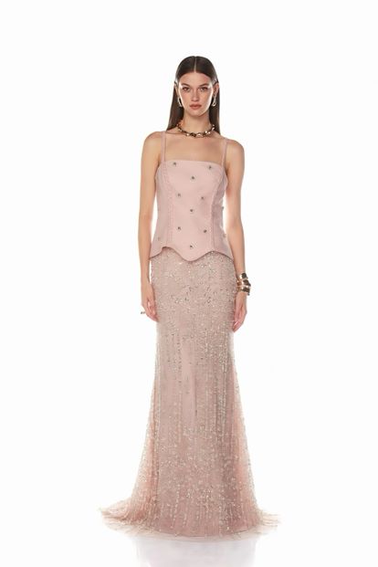 Pudra Örgü Askılı Abiye Elbise